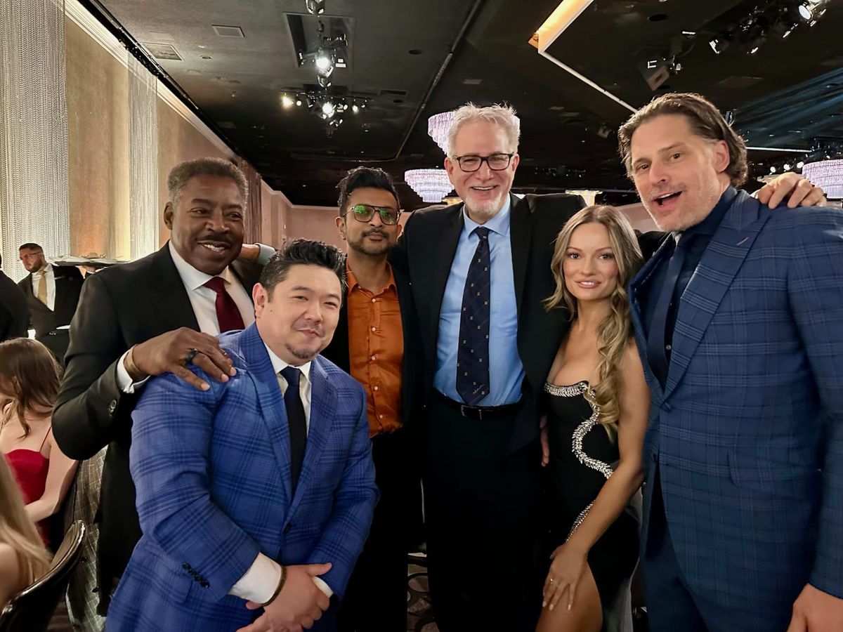 Producer David Baxter with Joe Manganiello, Ernie Hudson, Utkarsh Ambudkar, Caitlin O’Conner and Eric Bauza at the WGA Awards.