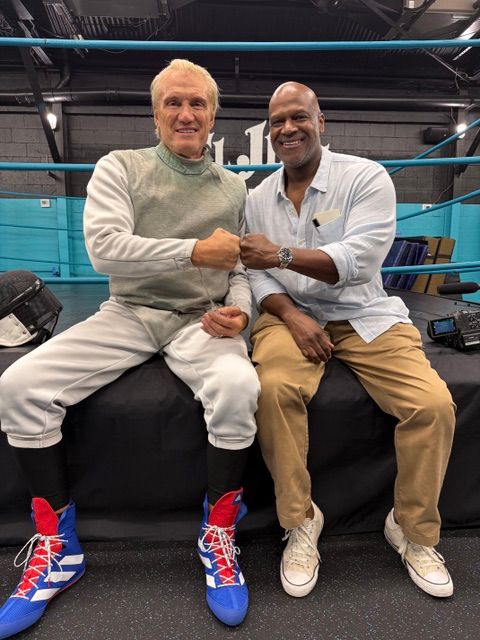 Dolph Lundgren and writer/director Rob Edwards after a bout of fencing and discussions about Fencer.