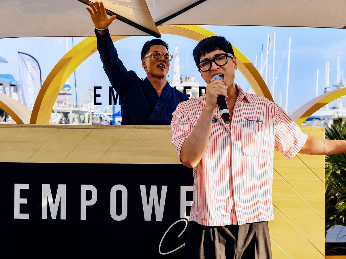 Co-Producer Rich Ting and Andrew Choi - lead singing voice of Jinu in Netflix's K-pop Demon Hunters - performing the hit song 'Soda Pop' at the 2026 Cannes Lions International Festival of Creativity in Cannes, France.