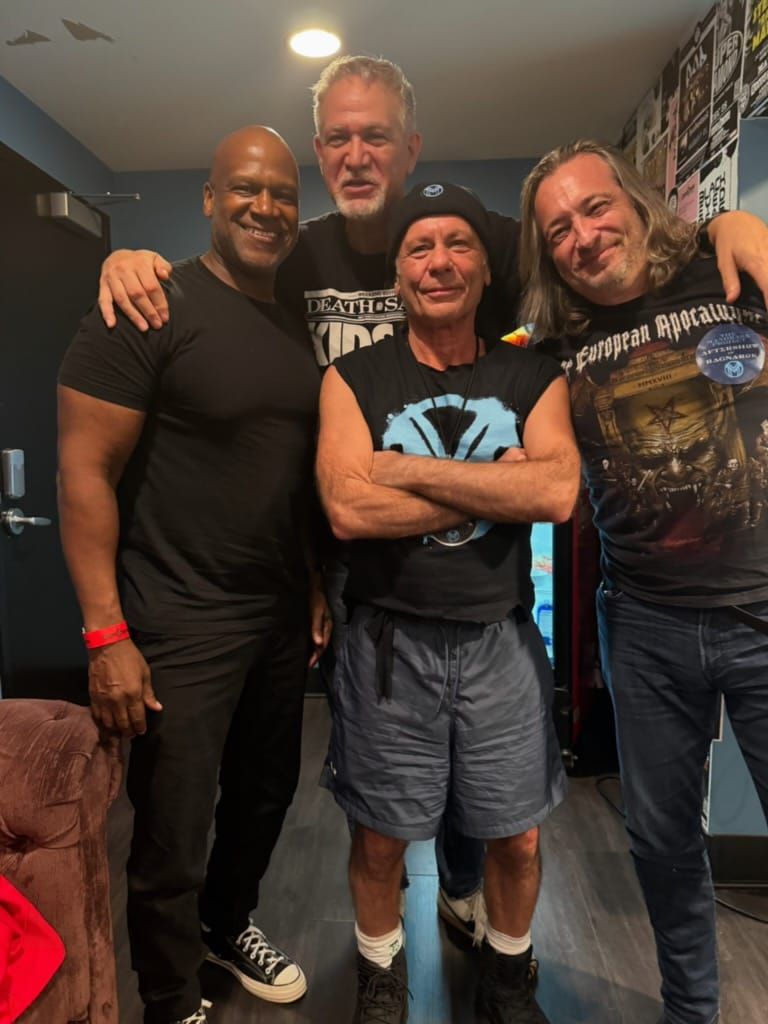 Writer-Director Rob Edwards with producers David Baxter and Christopher Petzel before Bruce Dickinson's concert in Los Angeles.