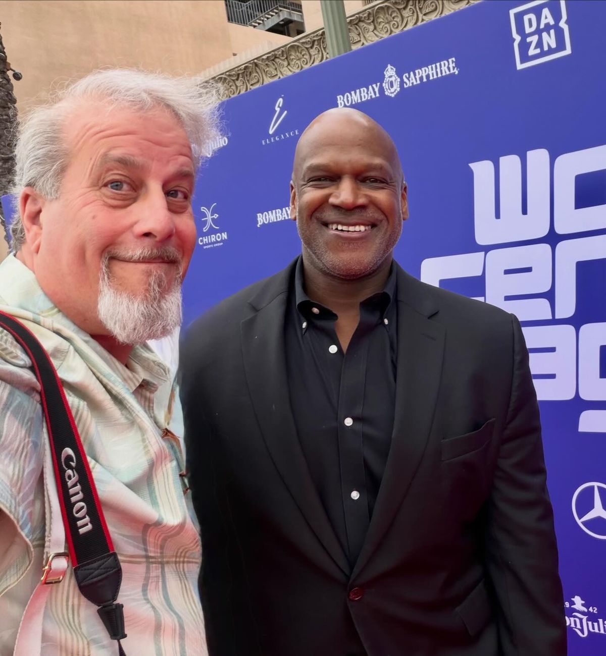 Writer Director Rob Edwards and Publicist Gary Miereanu on the red carpet at the World Fencing League Debut Event at the Shrine Auditorium in Los Angeles.